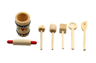 Preview: Miniatur Küchenutensilien, Kochbesteck Utensilien, Miniatur-Kuechenhelfer-im-Holzbehaelter, Mini Küchenwerkzeug, Puppenstuben-Zubehör, Holzeimer mit verschiedenem Kochbesteck 6tlg. lose Teile, Miniaturzubehör, Miniaturhäuser, Wichteltür, Puppenstuben, Min