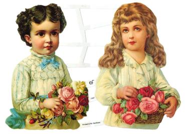 Glanzbilder, Oblaten "Junge und Mädchen mit Rosen" 1 Bogen