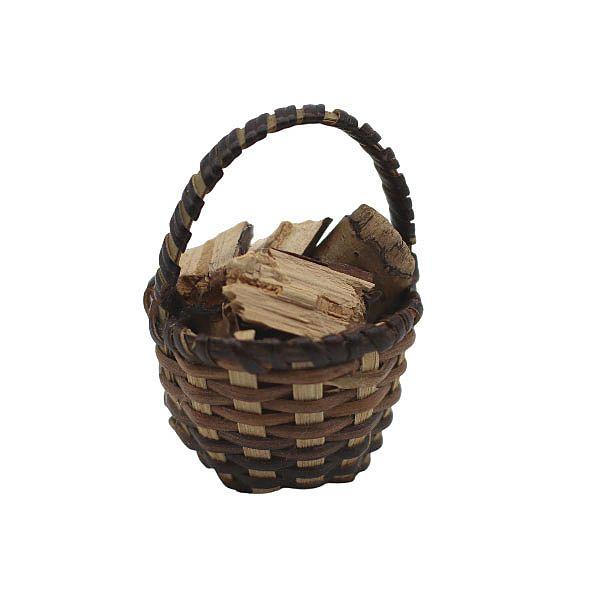 Korb mit Holz, Flechtkorb mit Henkel, Krippenzubehör, Krippen, Modelbau, Puppenstube, Bastelartikel