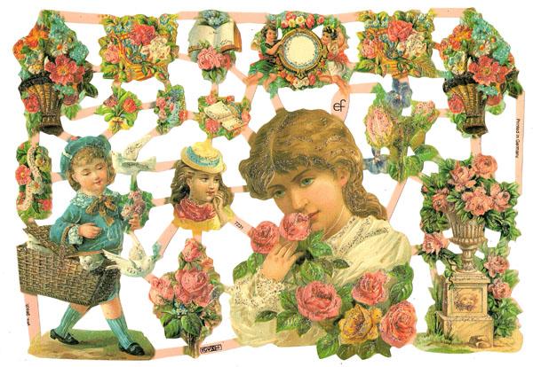 Glanzbilder Romatik Kinder und Blumen,, Poesiebilder