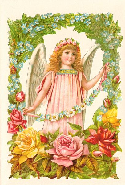 Glanzbilder, Bildkarte Engel im Blumenbogen